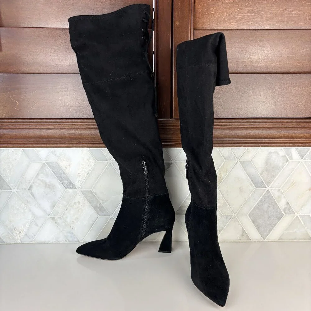 8 Suede Knee High Tall Boot Curvy Heel Pointed Toe Leather Suede Tie Taplana